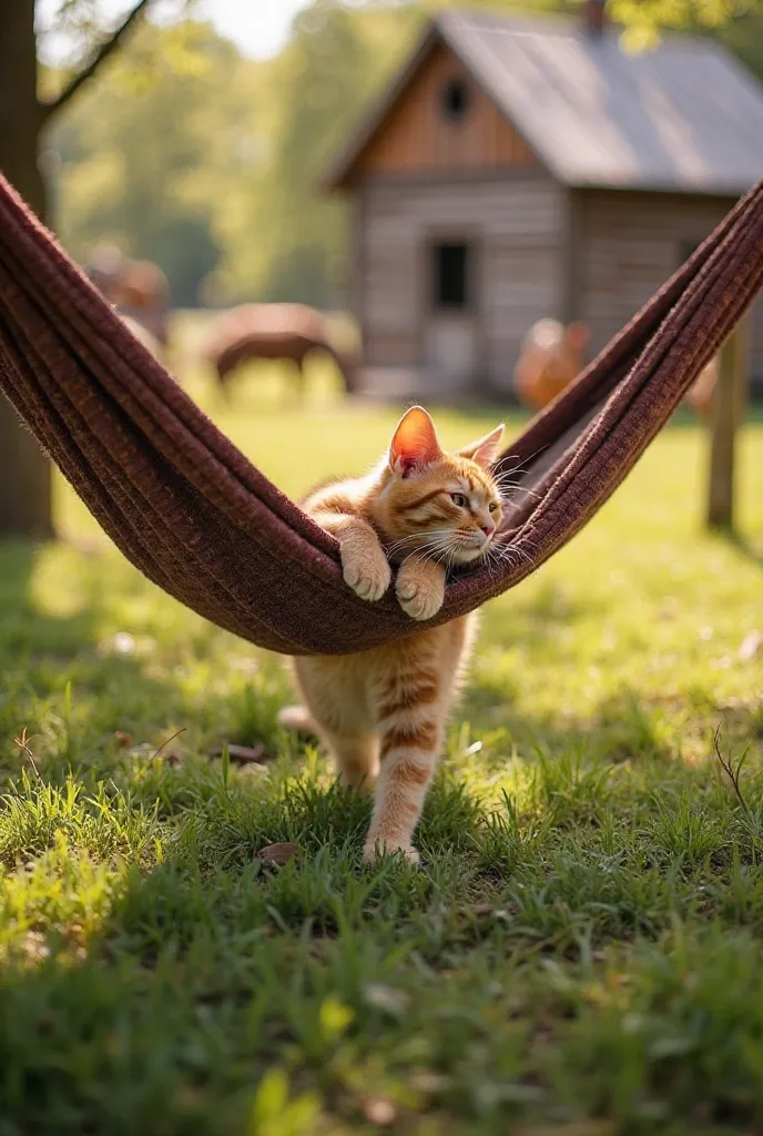 The adorable orange cat, now fully awake, stretches lazily in the hammock before hopping down to the soft grass below. It begins walking toward its cozy wooden house, its paws gently pressing into the earth with each step. The warm sunlight shines down on ...