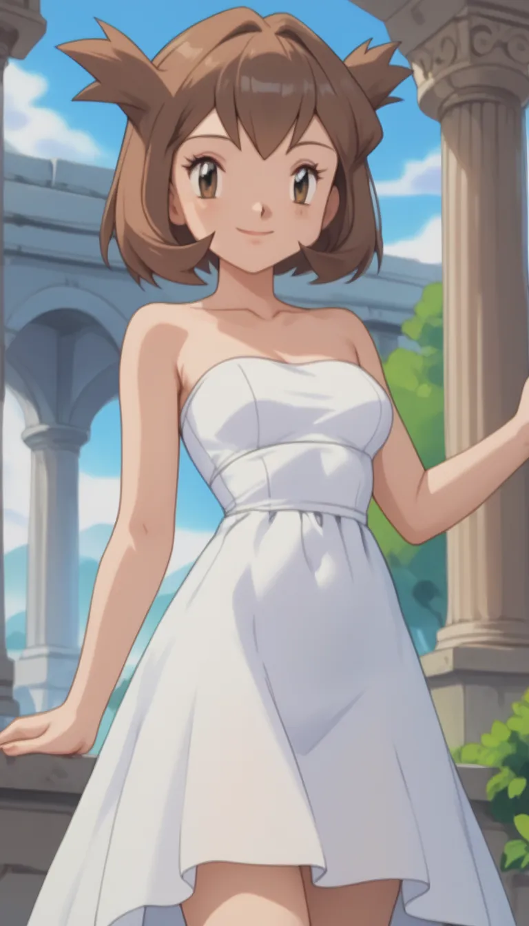 bianca, 1girl, solo, short hair, brown hair, brown eyes, bangs, eyelashes, strapless, bare shoulders, a sleeveless dress, white dress, greek white dress, goddess dress, standing at a temple, columns, blue skies, cowboy shot, smile, looking at viewers 
