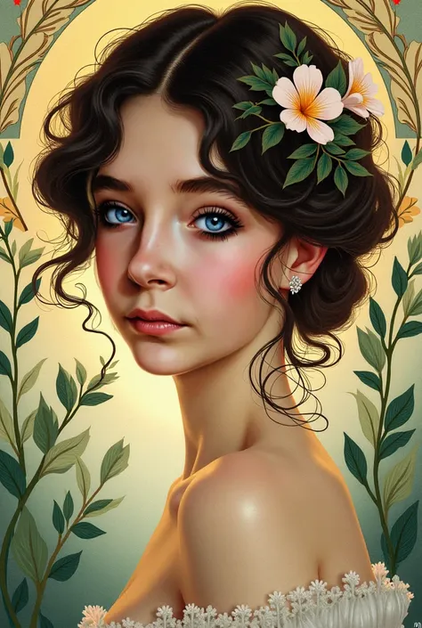 Make a portrait in the Art Nouveau style, Keep in mind that I am a woman and my eyes are light