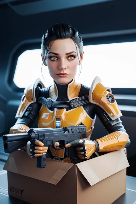 sci-fi, pov, weapons arsenal, girl sitting on a gun box, black hair, short ponytail hair, amber yellow eyes, small breasts, embarrassment, mass effect style armor, 