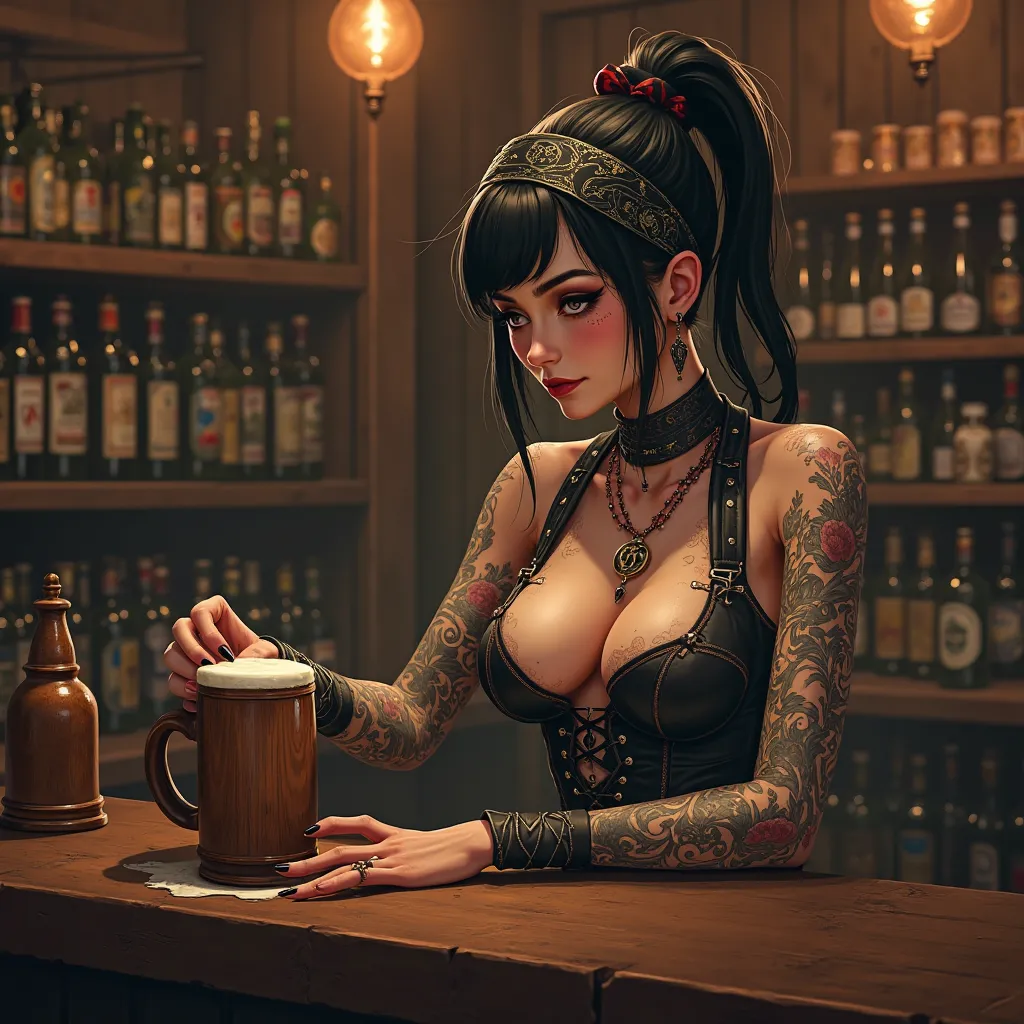 woman, Female bartender wipes the wooden mug, bar counter, pickled eggs, dark cabaret style, fantasy, tattoos, beer, barmaid, steampunk, victorian, bandana
