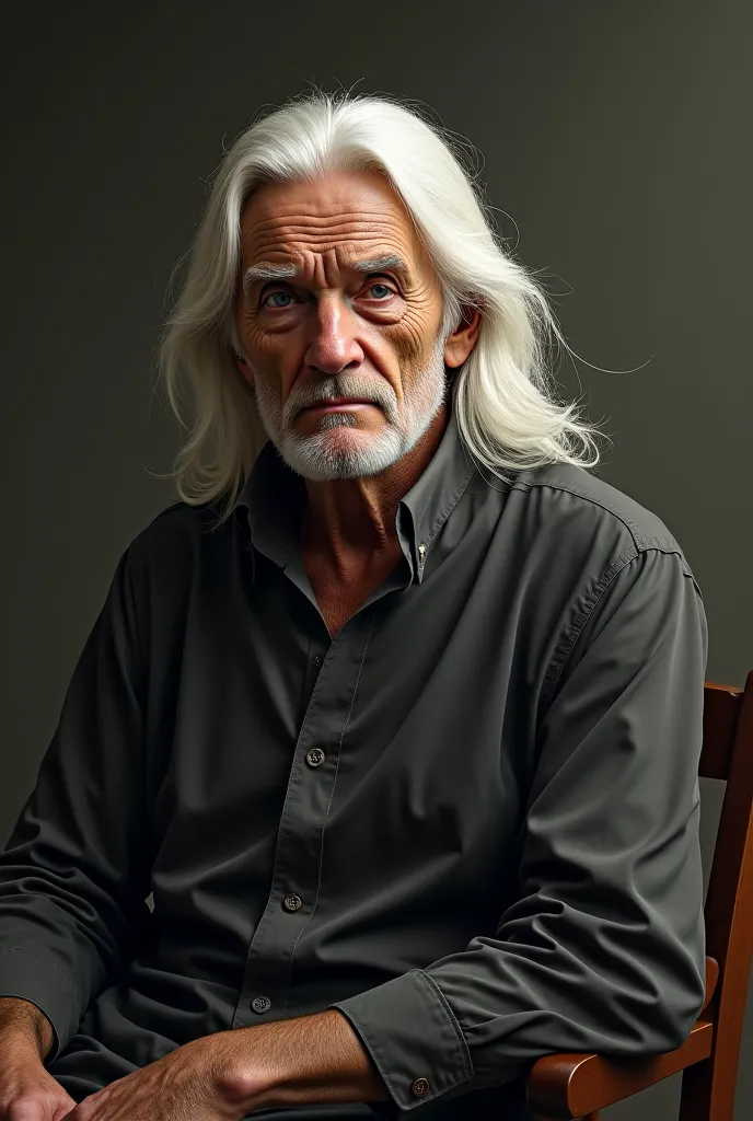 A man with long white hair sitting on a chair
