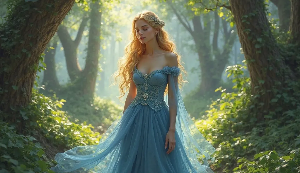 
Characters:

Princess Alara: she wears a beautiful blue  frok golden hairs and golden hairs.she stand in the forest and she is in tention .


