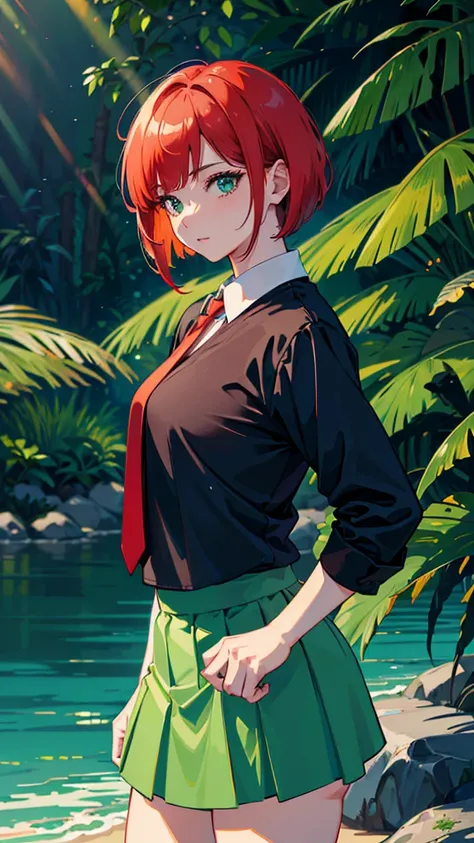 anime, Beautiful girl with a bright red short bob with a hairstyle slightly mixed with bright peppermint green colors、bright peppermint green eyes、Bright background with a deep blue sky, bright peppermint green shirt、red and black tie、 off-white sweater 、B...