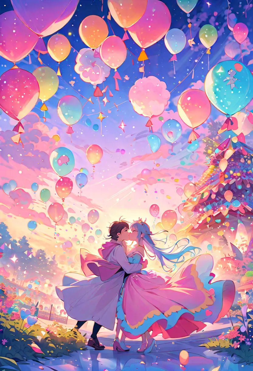 candyland,man and woman,lovers,kiss in the wind,cotton candy,dreamlike,whimsical,playful,magical colors,vibrant atmosphere,sugar rush,enchanted garden,lush greenery,floating balloons,festive atmosphere,energetic,pastel hues,chocolate fountain,fairy lights,...