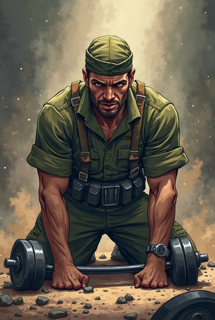 Emblem featuring an exhausted soldier, kneeling on the ground but still tightly holding a dumbbell or weight bar. Determined look, with a dramatic background of shadows and dust. Strong cartoon style for prints