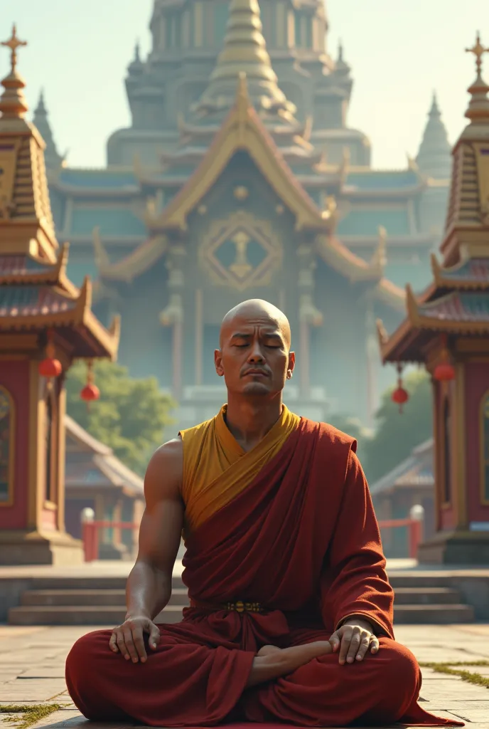 A monk is chanting with a temple in the background.