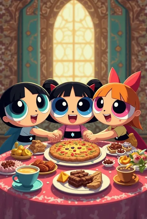 A picture of the Powerpuff Girls at the Iftar table in Ramadan 