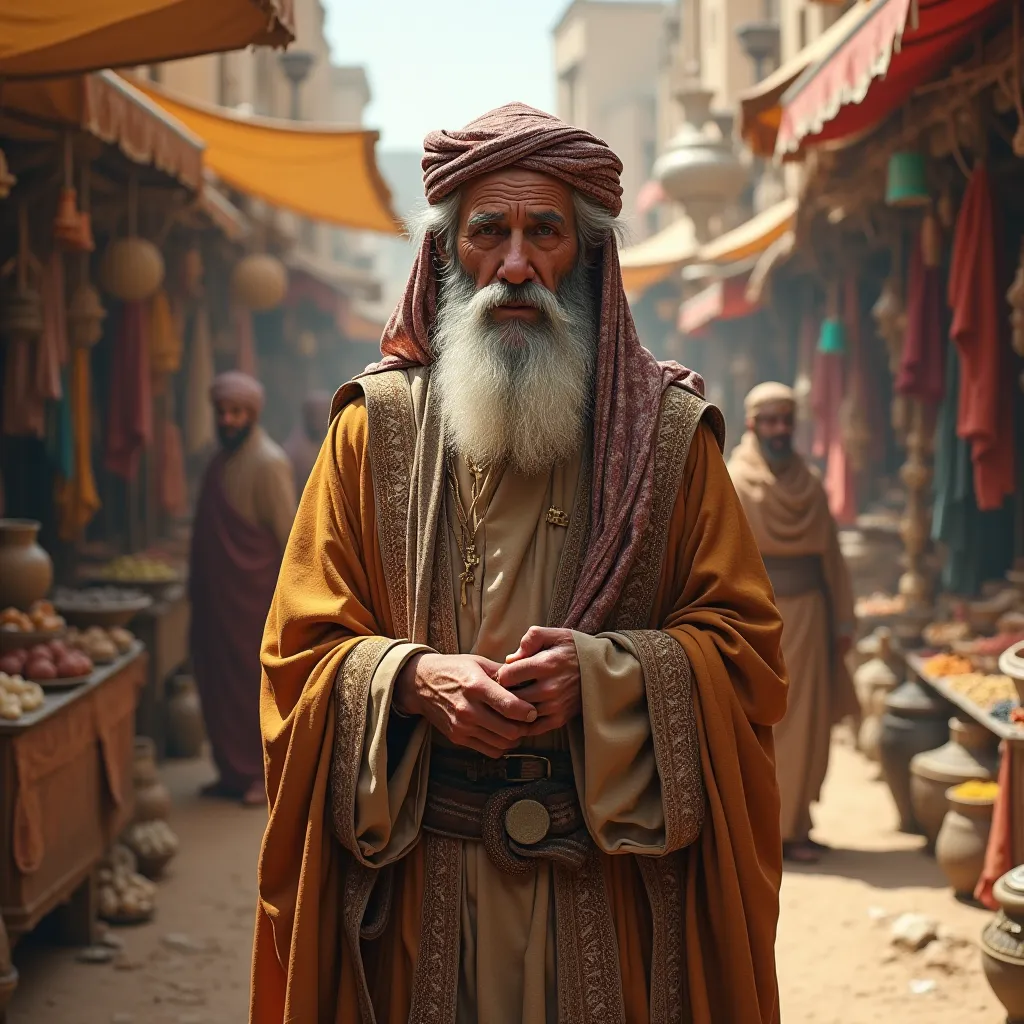 An elderly sheikh in an old Arabic dress from the pre-Islamic era stands in the middle of a market 