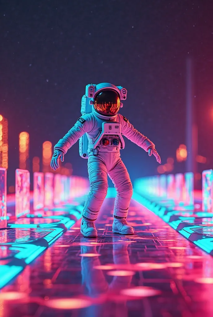 An astronaut dancing animatedly about a track composed of colored cubes that shine brightly, reflecting the vibrant colors of the brand (# 720d49 , #3b0b42 e #27083d ). The scene is illuminated by a dynamic play of light, creating a futuristic and immersiv...