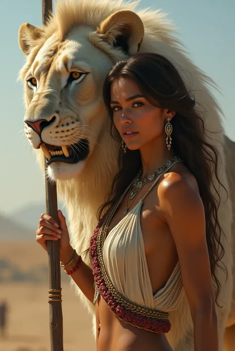 professional photograph of breathtaking very beautiful tanned skin hour figure glass female pakistani pathan model with brown hair,  perfect face, A female warrior holding the head of a huge white lion on her spear, detailed face and eyes,  in the style of...