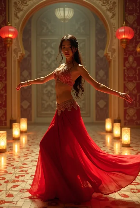 A young woman of Asian descent, mid-20s, is performing a belly dance.  She is positioned slightly off-center, towards the right of the image, and is facing the viewer.  She is wearing a red, ornate belly dance costume consisting of a decorated bra top and ...