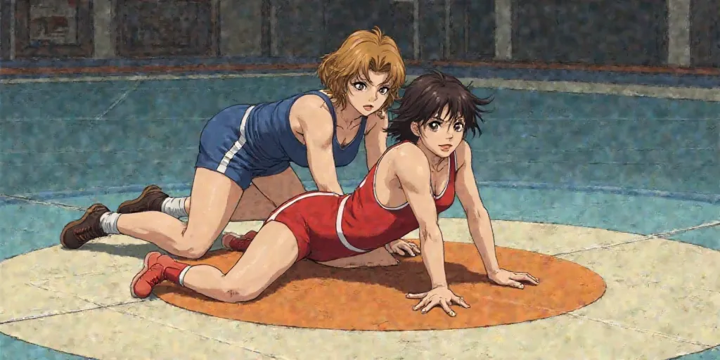 ultra detail, anime. Match from the nineties . a female in a red freestyle wrestling singlet is on all fours in the center of the mat, and a female in a blue freestyle wrestling singlet is holding it from behind