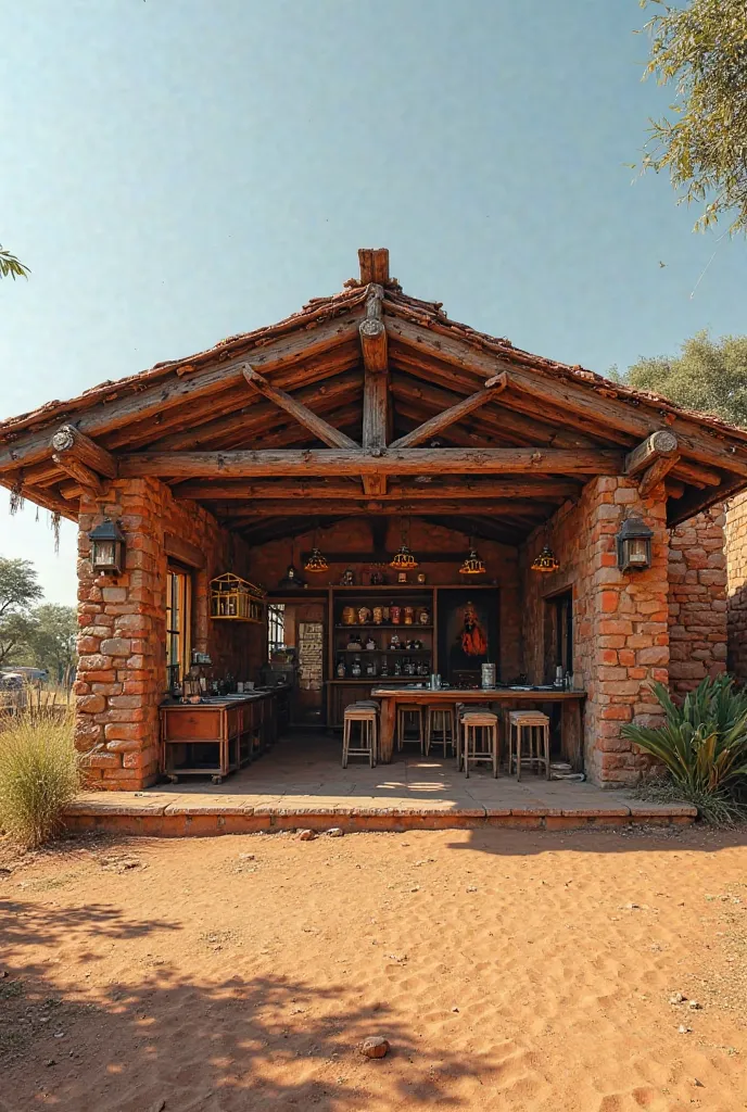  creer un hangar melange de traditionnel africaine et contemporain en bois et brique cuite  de gruillade viande au bord d'une route nationale 