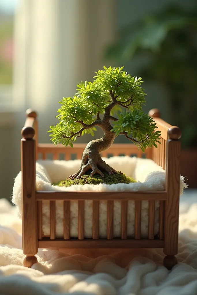 image 16:9 of a bonsai inside a crib as if it were a baby