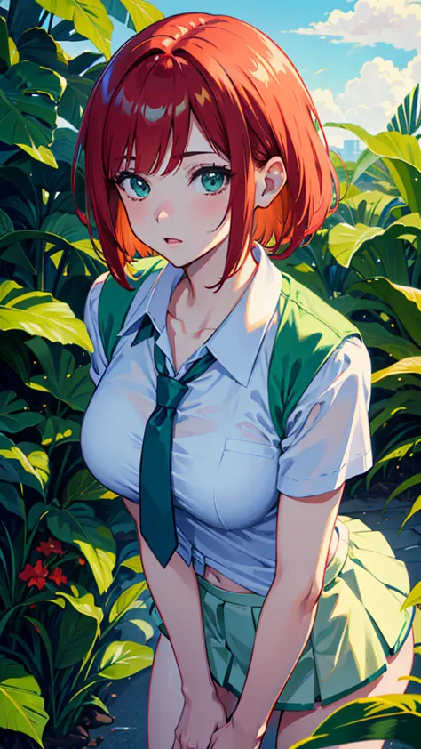 anime, Beautiful girl with a bright red short bob with a hairstyle slightly mixed with bright peppermint green colors、bright peppermint green eyes、bright background of a school schoolyard with a blue sky, bright peppermint green shirt、 red tie 、 off-white ...