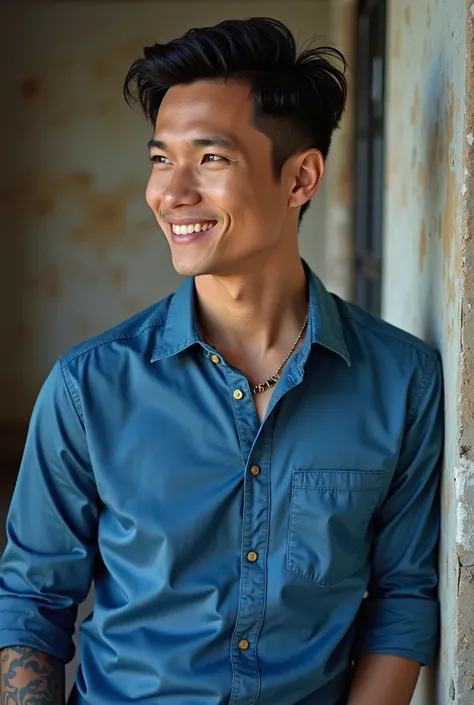 Malaysian artist Fattah Amin's masculine character wears blue Malay shirt, wearing kopiah