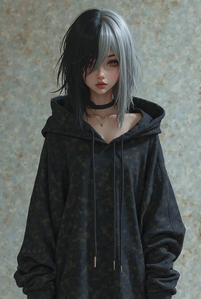 A girl with mixed hair one side black one side gray, wearing nothing but an over sized hoodie 