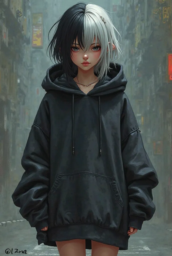 A girl with mixed hair one side black one side gray, wearing nothing but an over sized hoodie 