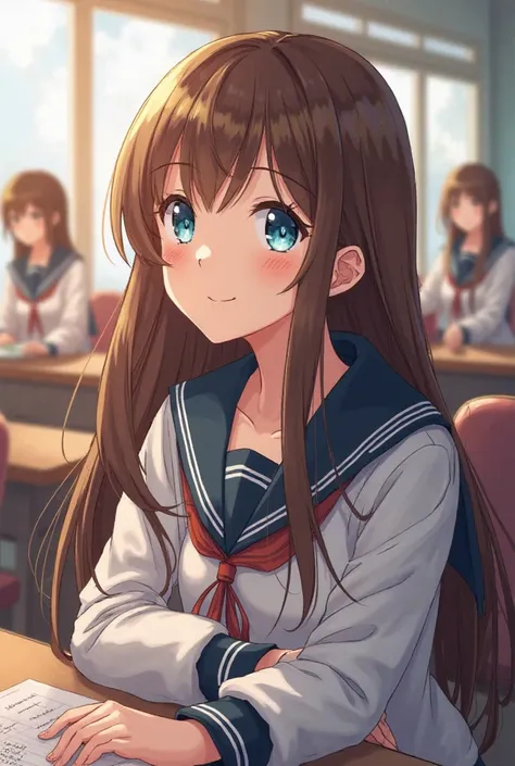  Screenshot of my hero Academia .
 Girl with long brown hair ,  with bangs.
Bright blue eyes and a radiant smile.
 in UA uniform .
I was sitting in a chair while paying attention to the class.