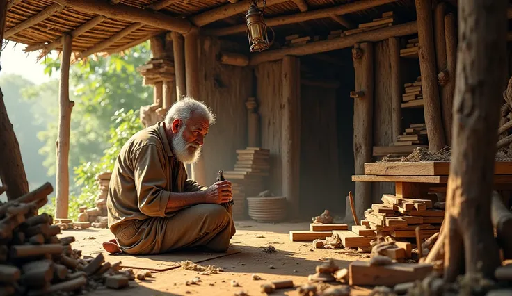 Bhai Lalo's Humble Home – A simple wooden house in a peaceful village, where Bhai Lalo, a hardworking carpenter, is seen making furniture with dedication.
