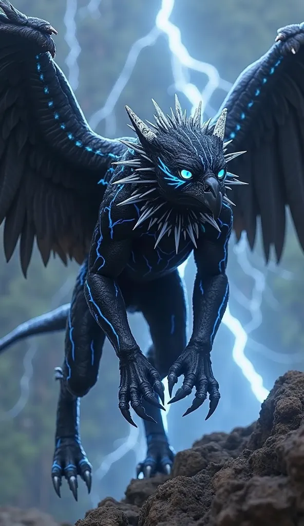 A fearsome hybrid of the Black Panther (T’Challa) and the Stormclaw Hawk, this creature is a living storm, combining unmatched agility with the fury of the skies. Its sleek, jet-black fur is streaked with crackling veins of electric blue, pulsing like ligh...