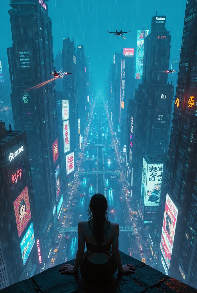 Create a highly detailed 8K resolution wide-shot image of a person sitting on the edge of a towering skyscraper in a sprawling cyberpunk city set in 2077. The atmosphere is dark and moody, dominated by a deep blue neon glow that bathes the entire scene. In...