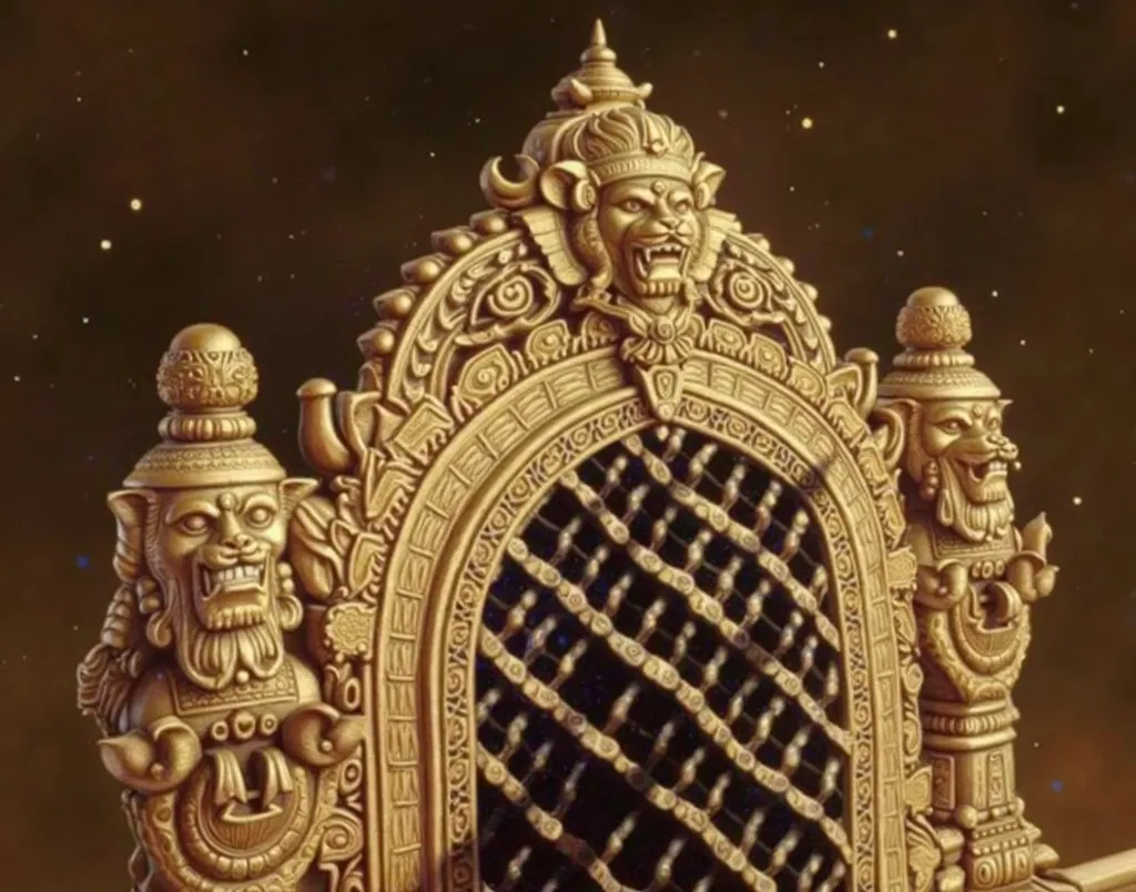 The upper portion of an opulent golden throne, intricately carved in the grand style of South Indian temple architecture, stands as a testament to divine craftsmanship. The throne’s majestic backrest is adorned with detailed Dravidian carvings, featuring c...