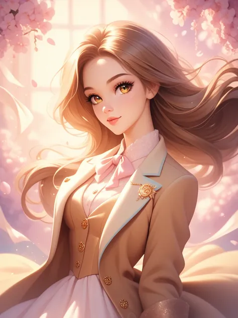 , 1 girl,  long hair,  horse hair , Brown Hair, beautiful, cute,  golden eyes,  Floating Waistcoat , sexy,