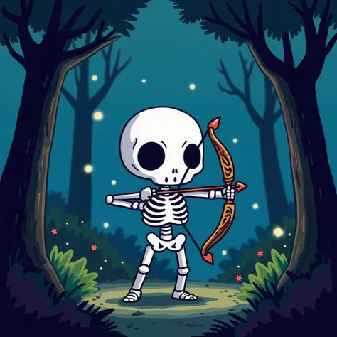 comic style, chibi style, vector color, 1 white skeleton, holding a bow and arrow, dark forest background, night, soft light