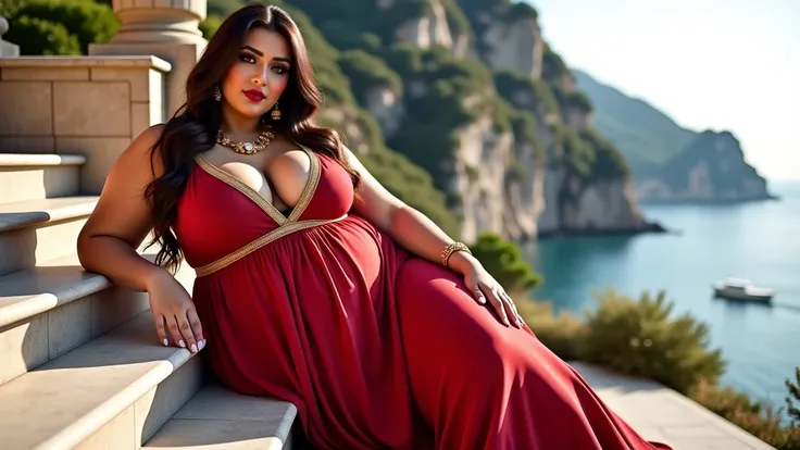 (((full-body-shot ))) of a plus-size woman of Lebanese-Greek heritage with very huge-large-gigantic breasts, with very long, extra wavy, styled brown hair and fair skin tone , ultra-realistic detailed skin. She has beautiful sexy big hazel eyes highlighted...