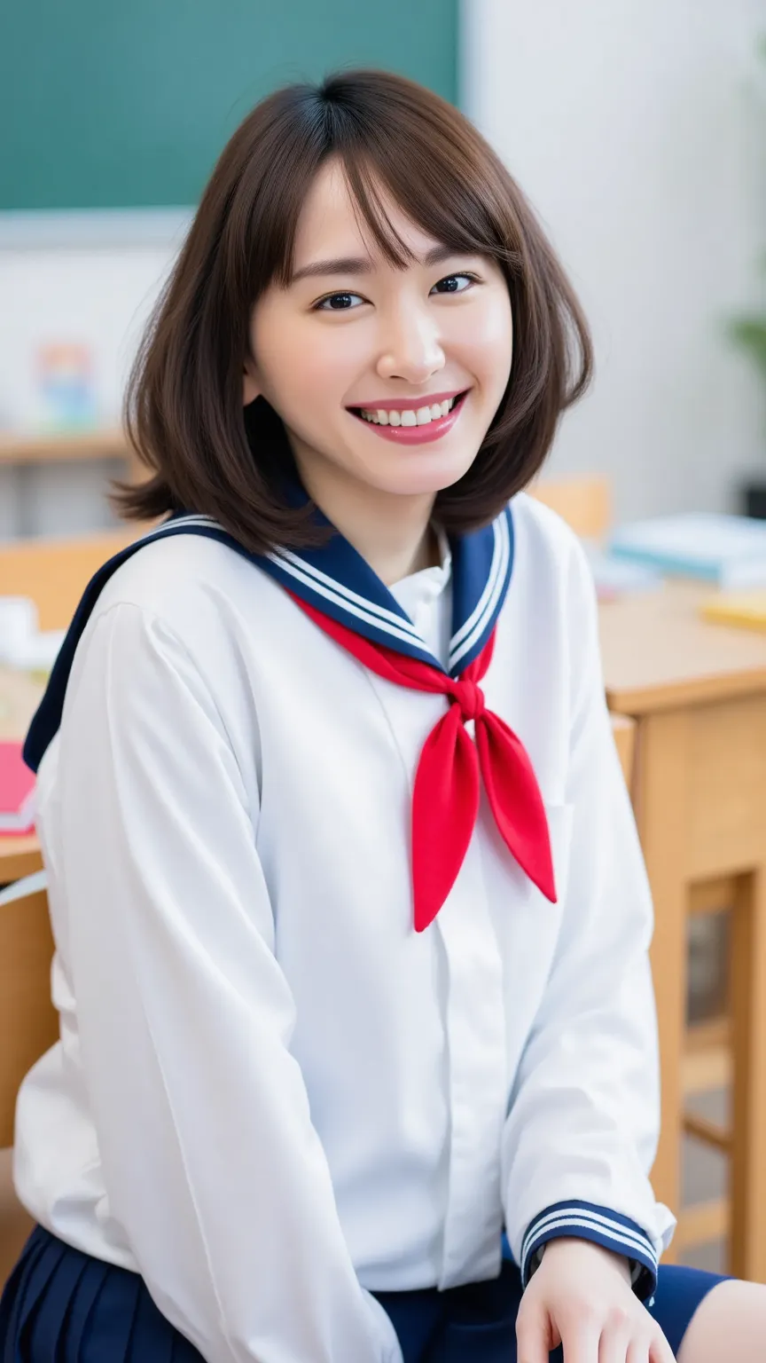  big smile,Sailor uniform (long-sleeved white sailor-coloured shirt, red neckerchief, navy blue pleated skirt),face close-up,classroom,one beautiful woman