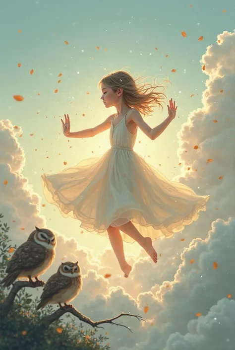 She danced around the clouds, giggled with the breeze, and waved at the sleepy owls below. Soon, her light grew softer, her yawns grew bigger, and her eyes started to close.