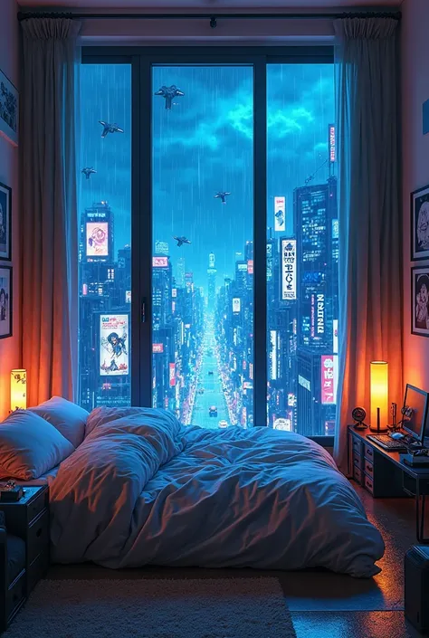 Create an ultra-detailed 8K resolution image of a cozy, futuristic bedroom with a large window showcasing a sprawling cyberpunk city in 2077. Outside, the city is alive with rain, casting a dark and moody atmosphere illuminated by a dominant blue neon glow...