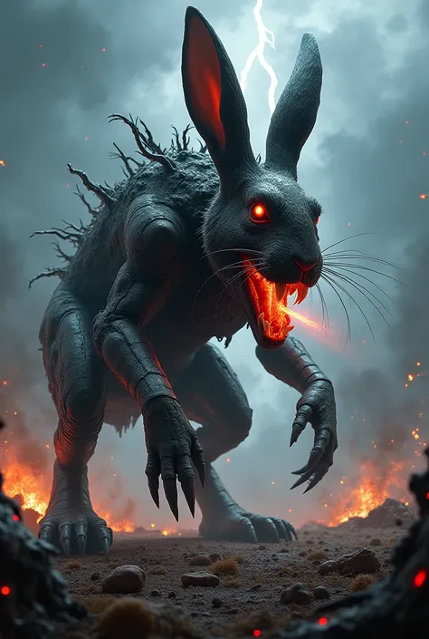 Create a hyper-realistic digital painting of a terrifying hybrid creature, a fusion of a monstrous rabbit and a mutated zoo trailer. The creature has the muscular frame of a giant rabbit, covered in dark, matted fur, with glowing red eyes filled with fury....