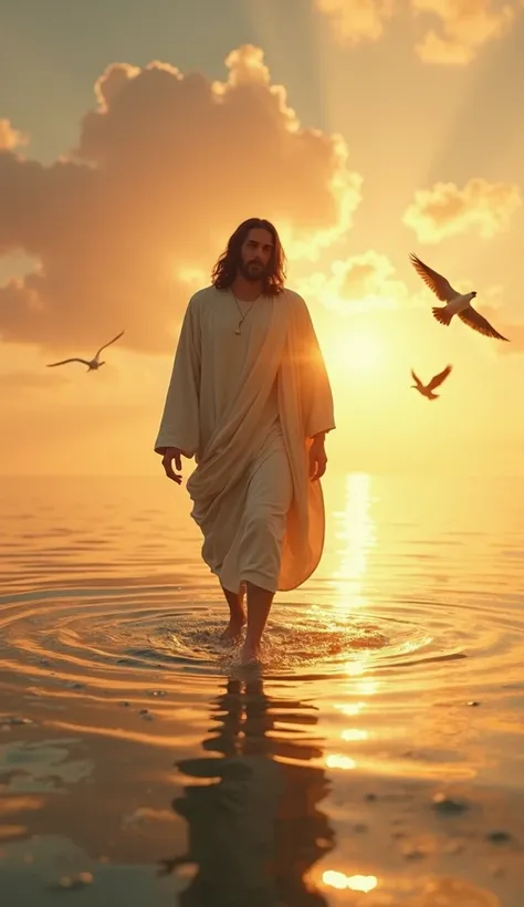 "An ultra HD cinematic vision of Jesus walking on a calm sea, that reflects the golden dawn sky like a mirror. His serene face is touched by the soft light of the rising sun, and his cloak floats with the breeze. The translucent water shines around his fee...