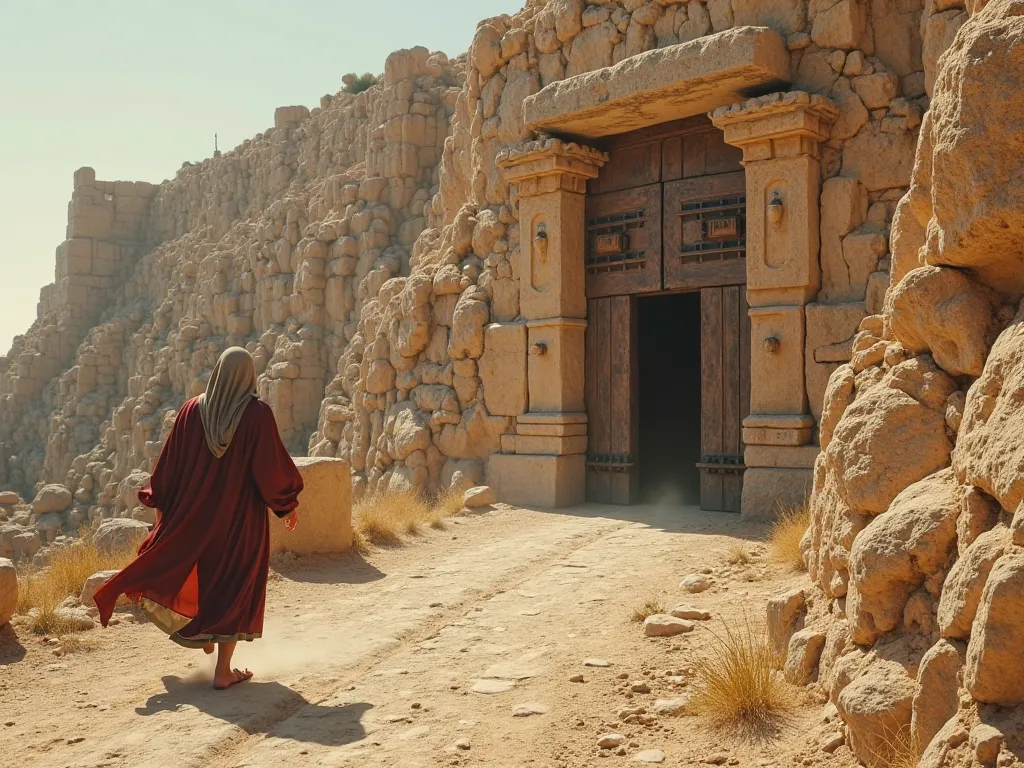 I need a photo realistic image of an ancient Israelite running fast toward the entrance of an ancient fortress situated on a rocky hill. The fortress looks like Masada in Israel. Its walls are high and firm. This man is a long robe, his head is covered. He...