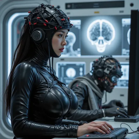 Masterpiece sci-fi photo, photorealistic sideview of a slim young (((fullbreasted)) chinese girl sitting alone at a computerdesk, hands on the keyboard, studying the screen. She is completely covered by a tight closed black latexsuit. Her brain is connecte...
