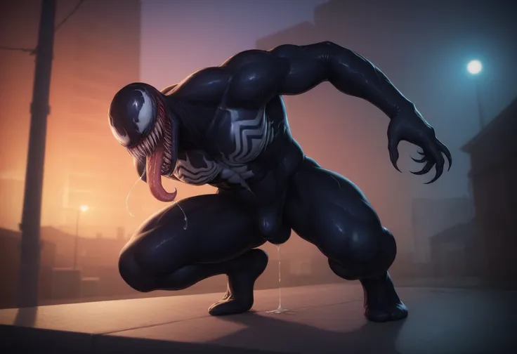 venom, strong, tongue, saliva, squat, roof, night, hip bulge, protruding crotch, black glans, photorealistic, highly detailed, 8k, sharp focus, physically-based rendering, vivid colors, cinematic lighting, dark comic art, shadowy environment, urban setting...