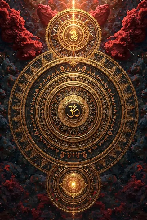 A series of golden mandalas inlaid in red and black and the symbol of Om