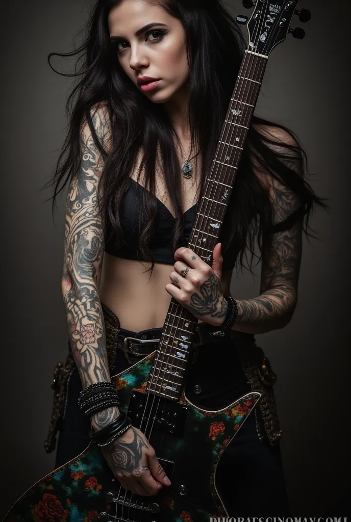 A hot girl, long hair, wearing metalhead clothes , playing guitar. Dark theme. 