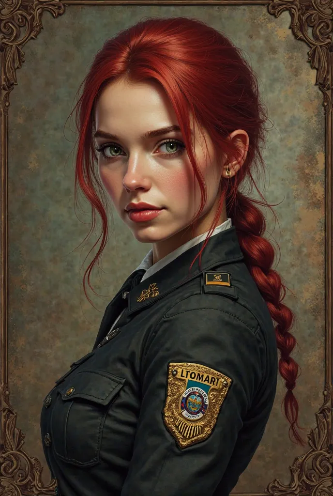 ((RAW Photo)(Realistic portrait), red dead redemption collection card, card frame, femal commissioner with police sign, red hair, untied hair, back slick hair, black uniform with a big sniper from year 1900. No text.)