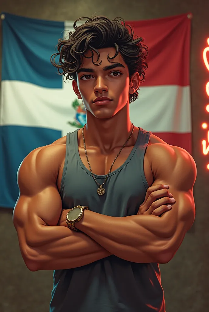 Create a handsome 23-year-old Latino boy with his arms crossed and who has curls, in the background a faded Dominican flag and a logo on the front that says"Sawrio"