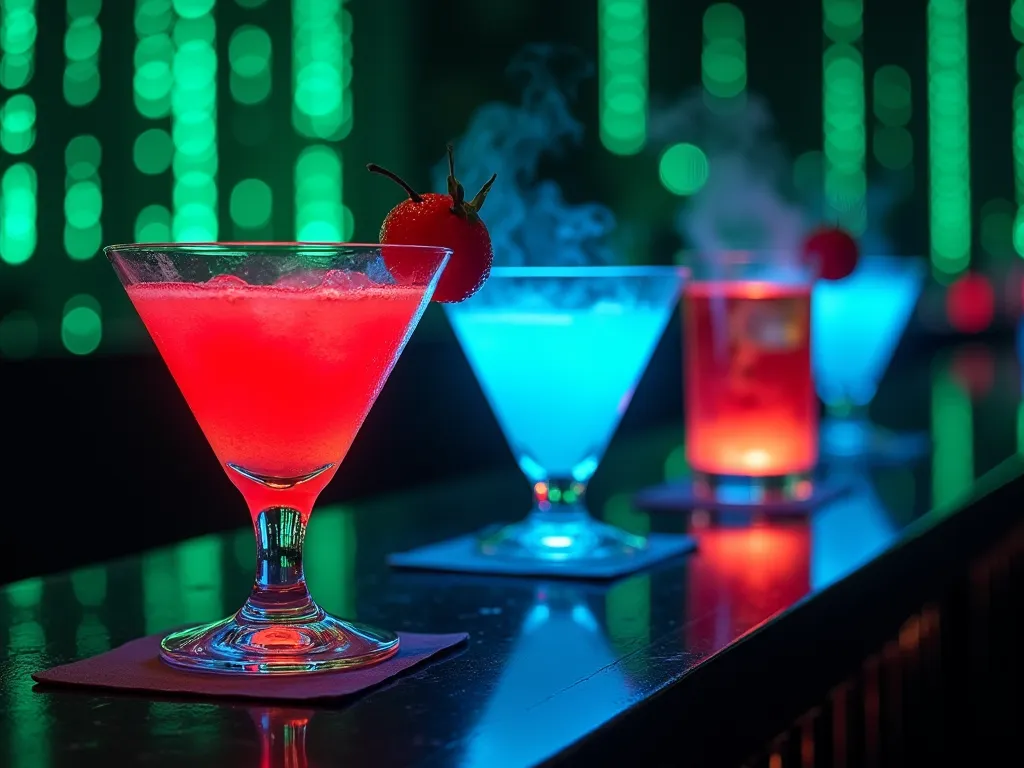 Cyberpunk-inspired futuristic cocktails in a Matrix-themed bar. The drinks glow in vibrant red and blue, served in high-tech glassware. Some cocktails have a smoky, molecular gastronomy effect, while others are served in uniquely shaped futuristic glasses....