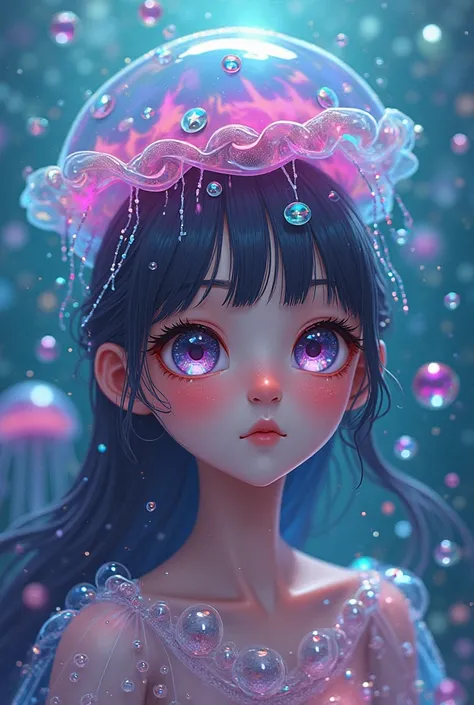 A whimsical, underwater scene featuring a girl with a jellyfish gently perched atop her head. Her eyes sparkle with vibrant color, large and expressive within an dreamy, jelly-like art form. Bubbles dance around her amidst saturated hues. Soft, wet long ey...