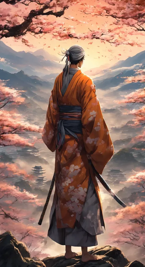 An ancient Japanese monk-soldier in a dramatic anime style, wearing deep brown undergarments and a long, flowing gray overcoat that billows gently in the wind. His wrists are tightly wrapped in white bandages, and his head is adorned with a traditional wra...