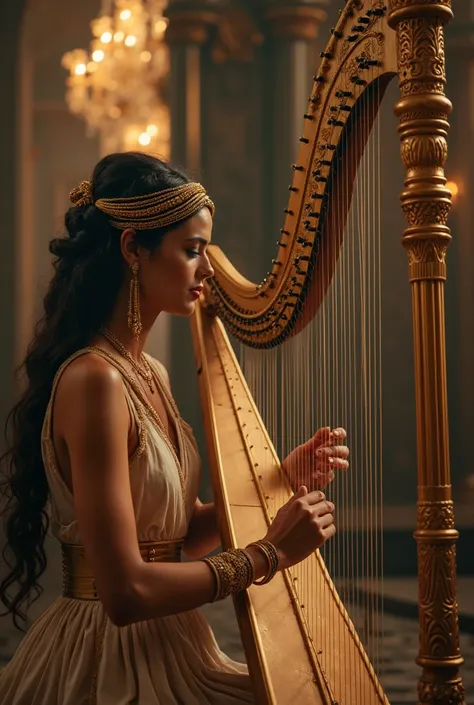 A woman adorned with an elaborate golden headband and multiple gold bracelets plays a large, ornately - decorated golden harp. She is in a dimly - lit, grand hall with columns and chandeliers, her eyes focused as her fingers dance across the harp strings. ...