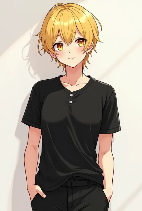 Create a young manhwa striped image 
1.korean blonde 
2.Yellow eyes, cunning baby
3.Black T-shirt with slight buttonhole 4.black long pants 
5.White, clear
6.handsome big body size big boobs
7.Smiling, cunning, looking in front of the camera