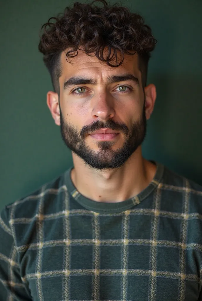 healthy man, 36-year-old pale-skinned with curly hair (corte buzz shaved), very short, shaved. , eyes with water green irises, with short beard, black and curly, trimmed jeans and long dark green and white plaid t-shirt looking forward 