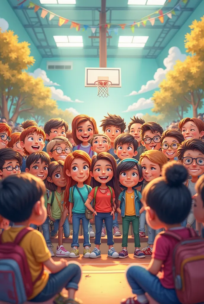 I will create cartoon characters that look like people. As a , when all the students stood together in school assembly